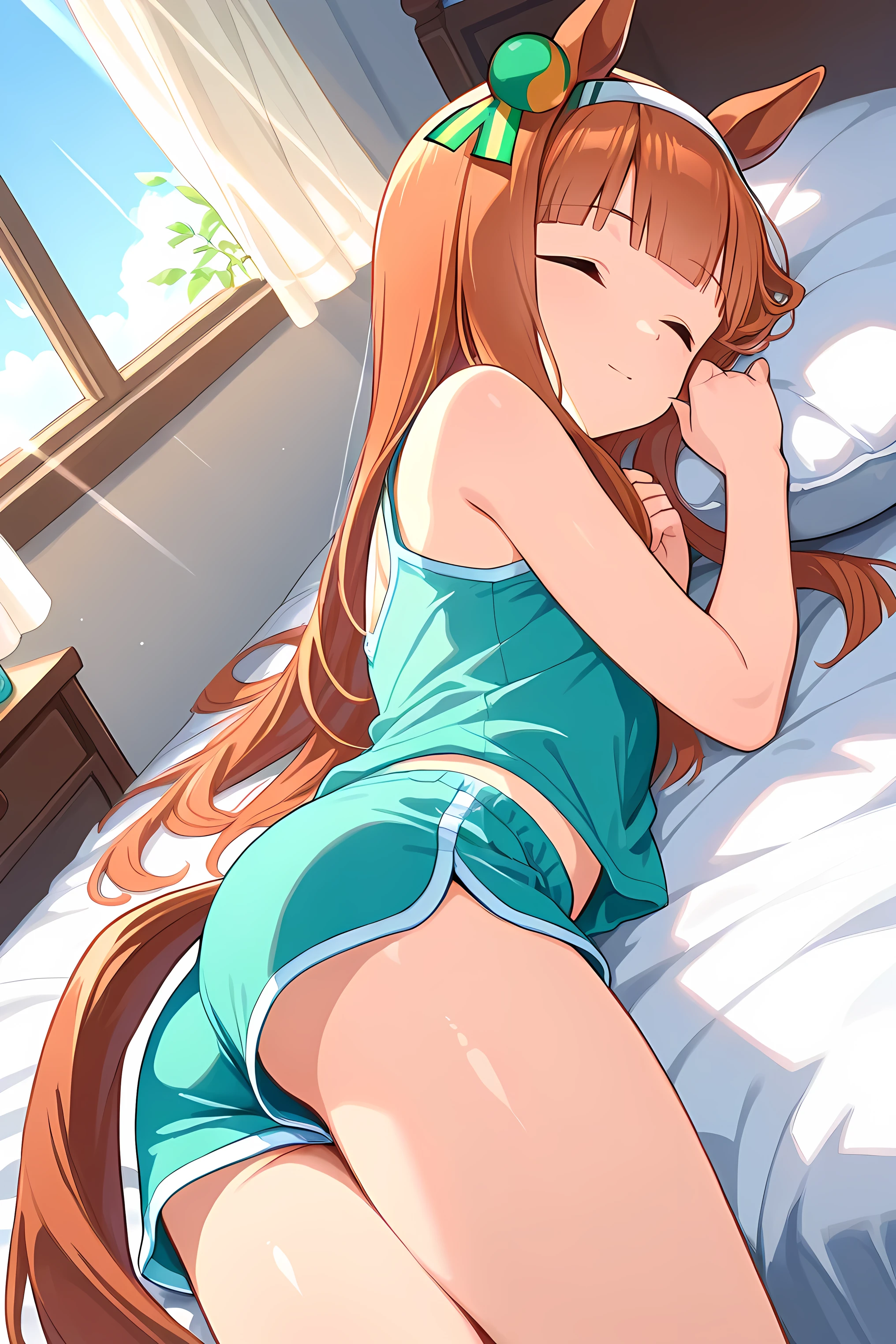 silence suzuka \(umamusume\),(((masterpiece))),(((detailed)))((best quality)),((hyper detailed)),(beautiful),((shinythighs)),(((shiny skin))),(high quality skin),((8k)),((high resolution)),lying,lying on bed,lie on one’s back,sleep , closed eyes,lying, hands up,light smile and light blush,blue sky,sun and natural light,light rays,spring,day,glowing,bedroom,loaded interior,
aqua color tank top,deep green color dolphin shorts,from below,high angle,close-up,cowboy shot,