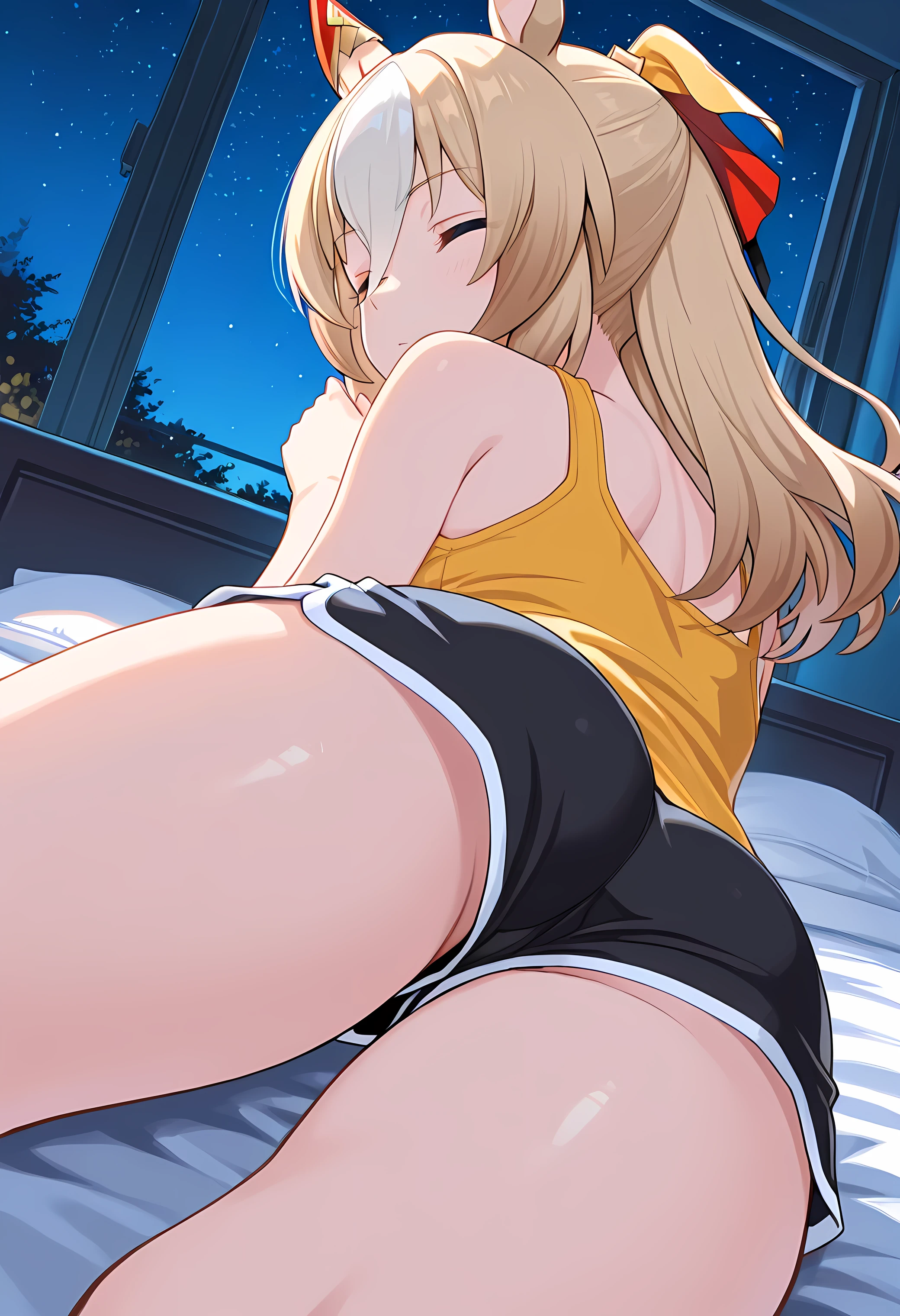durandal \(umamusume\),(((masterpiece))),(((detailed)))((best quality)),((hyper detailed)),(beautiful),((shinythighs)),(((shiny skin))),(high quality skin),((8k)),((high resolution)),lying,lying on bed,lie on one’s back,sleep , closed eyes,lying, hands up,Get on one knee,light blush,blue hour,night sky and starry sky,spring,night,bedroom,loaded interior,
yellow color tank top,black color dolphin shorts,from below,high angle,close-up,cowboy shot,