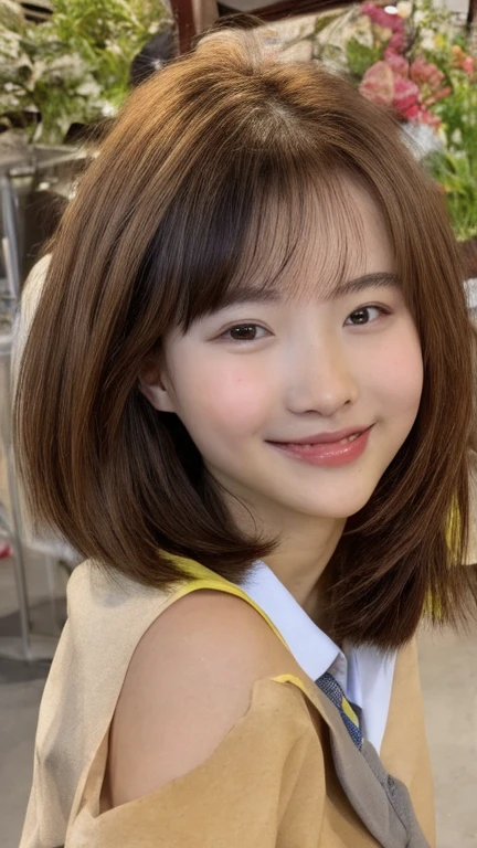 (8K, Photoreal, Raw photo, best image quality), Japanese high school girl、(random hairstyle)、cleavage、super detail face、eye for details、double eyelid、Beautiful woman、light brown hair、highest quality、masterpiece、超A high resolution、Shy Smile、thin、short haired、swimsuit、Ocean