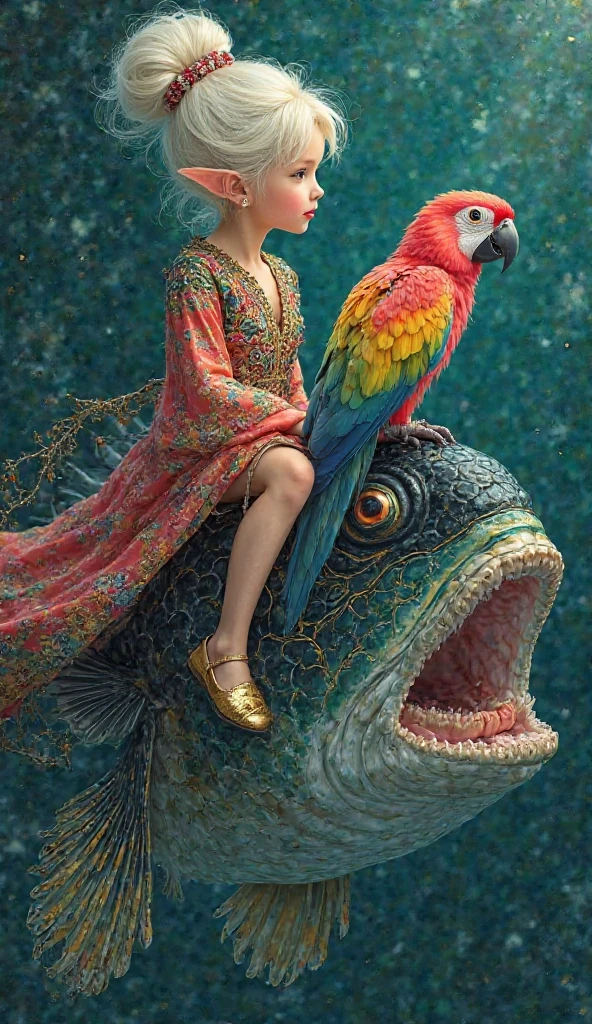 in a bright aerial background、Depicts the state of the deep sea、scene drawn in vivid colors。Elf, a girl with white hair tied into a large bun, rides a fish with black and gold scales、Elves wear colorful embroidered dresses with white, black, and gold line patterns、I'm wearing gold flat pumps、A pink and yellow-green parrot is perched on the shoulder。The dark background contrasts with the bright color scheme。Realistic reality、super delicate design，８Ｋ、It's above the sky