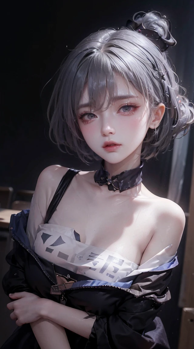 ((woman with tattoo on chest)), girl, Short white hair with bangs, Black strands of hair, Purple eyes, White T-shirt and white cape, Pendant around the neck. Natural and beautiful standing posture, Crisp and realistic body detail. 超High resolution.Photorealistic:1.4,超High resolution. Realistic，High resolutionで, masterpiece, Highest quality, Very detailed, Better Shadows, Volumetric lighting), super high quality, High resolution, 8k, Ultra-Realistic Portraits , Photorealistic, Dynamic Lighting, Volumetric lighting, Very detailed顔,(NSFW:0.9),Large Breasts,Full Body Stand Posture,