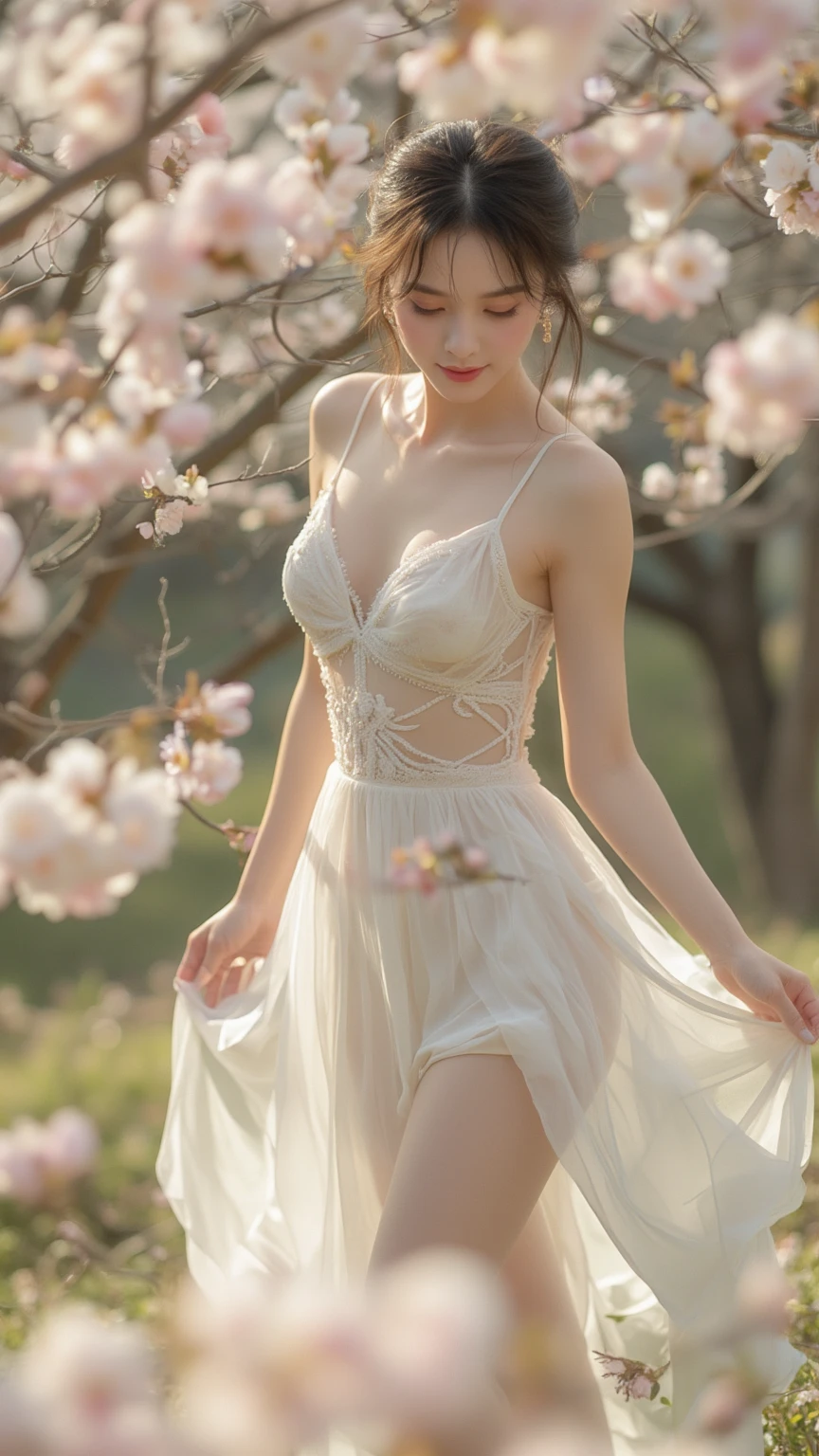(masterpiece), best quality, high resolution, ultra-detailed, character close-up, a Chinese style white beautiful dress, Chinese elegant dress, exquisite details, cheongsam beautiful and elegant, colorful and lustrous, dress floating, dramatic angle, close natural (close-up), koi, warm colors like sunlight focus Personal warm, champagne, details are highlighted, extra long ribbon, Open, full body, many detailed elements, pink petals, sunlight on the skin, glorious, hairpins, hydrangeas, boudoirs.