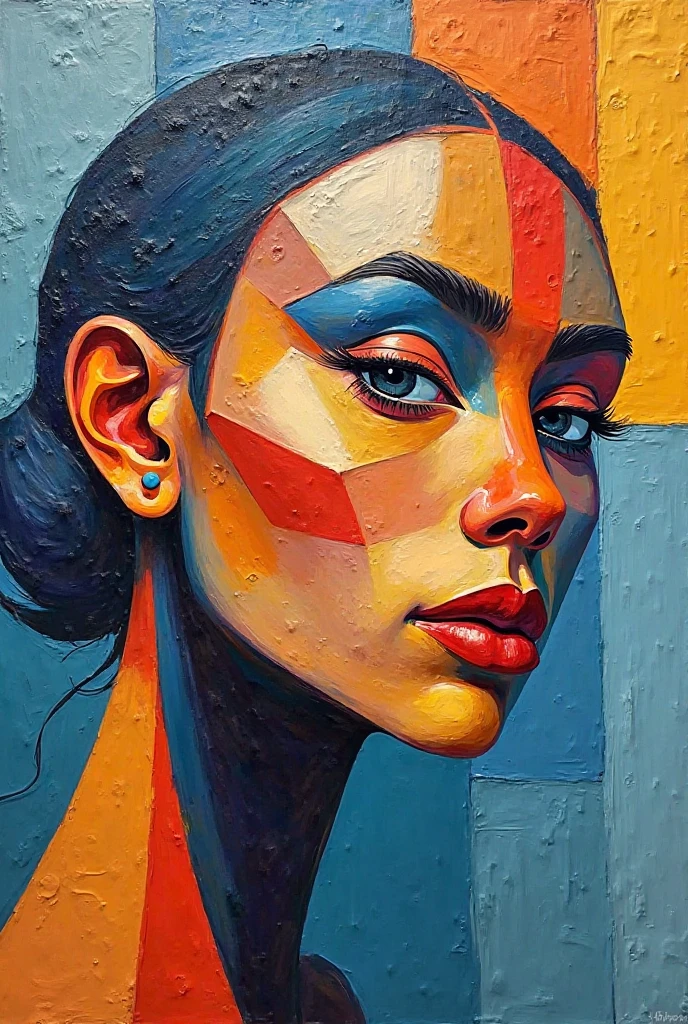 An abstract portrait in the style of a modern oil painting with bold, geometric forms. Vibrant colors such as blue, orange, red, and yellow blend with thick textured brushwork in a cubist style. The fragmented face creates depth and visual rhythm. Perfect for high-quality art prints.