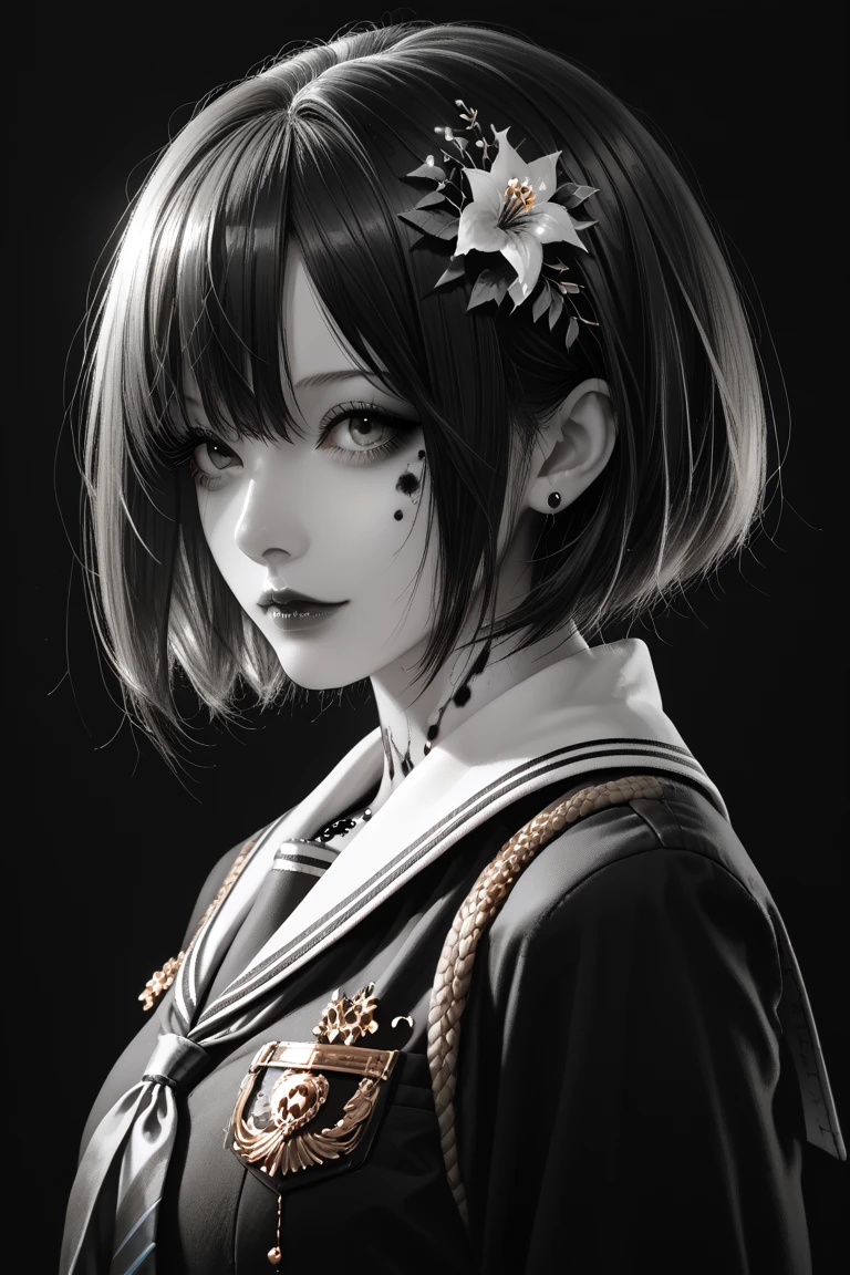 masutepiece, best quality, highest quality, amazing quality, very aesthetic, ink art, pen and ink, dark ink, Beardsley style, monochrome, minimalism, high contrast, 
1 girl, solo, beauty girl, very beautiful face, cool face, beautiful eyes, even eyes, side view, bob cut hair, school uniform, no background, 