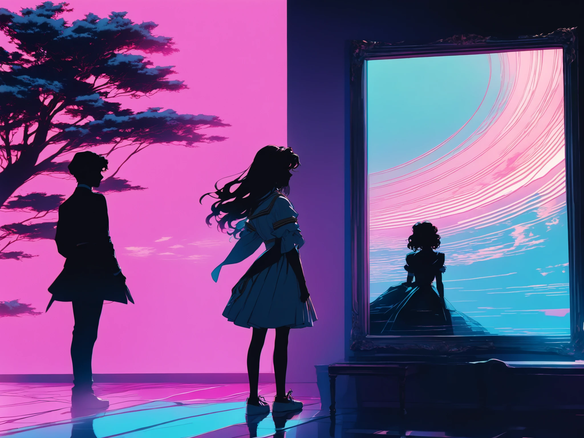 (Shoujo Kakumei Utena Style shadow picture:1.5),(sシルエット) ,(vaporwave:1.5),Cyber nostalgia explosion,Glitch Effects,pink gradation, (masterpiece, best quality:1.2, 8k,16k,high-resolution,(Mirror clock:1.3)（Dark Forest:1.3),Fantasy World、It suddenly happened one day, and the beginning was a letter, and the sender lived a long time ago, such a mysterious encounter

There are things like this in my time now, and we live like this, a romance that somehow blossomed while we were putting it into letters and communicating with each other

Words spelled from each of our worlds that we will never meet without even knowing how to solicit feelings

I'm always waiting impatiently for your words, I live in a different era, but I want to communicate with you over and over again if your wishes come true, I want to meet you because it's fine at first sight because I like you

What I suddenly remembered was the era you live in, what will happen tomorrow, if I have to tell you sad things, please wake up, miracle

Passing by and the changing seasons, letters that have been interrupted since then, only words that don't arrive anymore tighten my heart

I'm still walking in the future that you wanted to see 100 years far away, now I'm still walking, the letter that arrived to me with painful feelings in my heart looks familiar and the characters I've been waiting for

It's the last love letter you wrote to me beyond that day, I'll hold on to the proof that you lived in your time even after eight generations, and I'm going to tell you all that I see in my time someday
