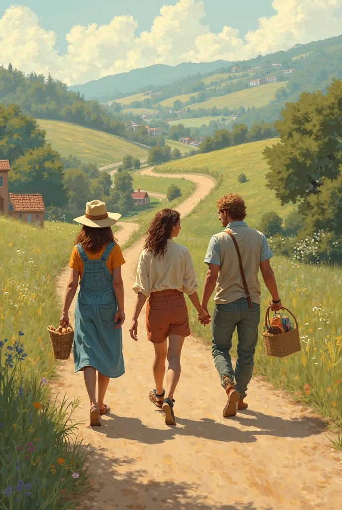 Three friends walking along the road to the market
