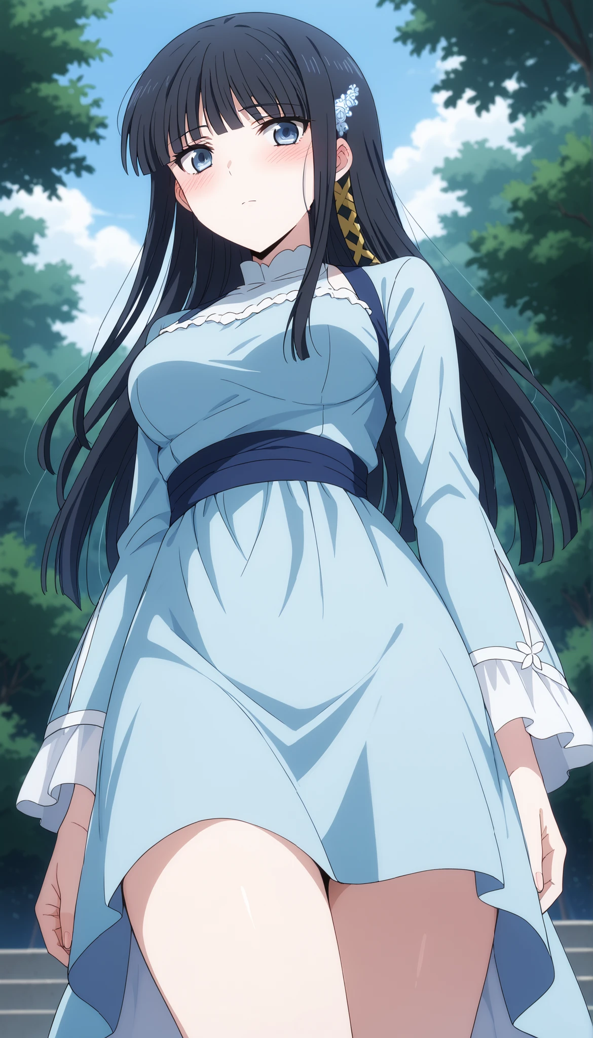 (((Shiba Miyuki))),blue dress,(((medium breasts))),((low angle)),((blush)),black hair,long hair,Outdoors,Ulchan-6500-v1.1, ( RAW photos :1.2), Beautiful Detailed, very detailedな目 美しい目,beautiful eyes、Blue eyes、 Large file size, high resolution, very detailed, top quality, [masterpiece:1.6], Awareness-raising, very detailed, CG, finely, top quality, 8K wallpaper, perfect body shape,very detailed,Slim and beautiful thighs
