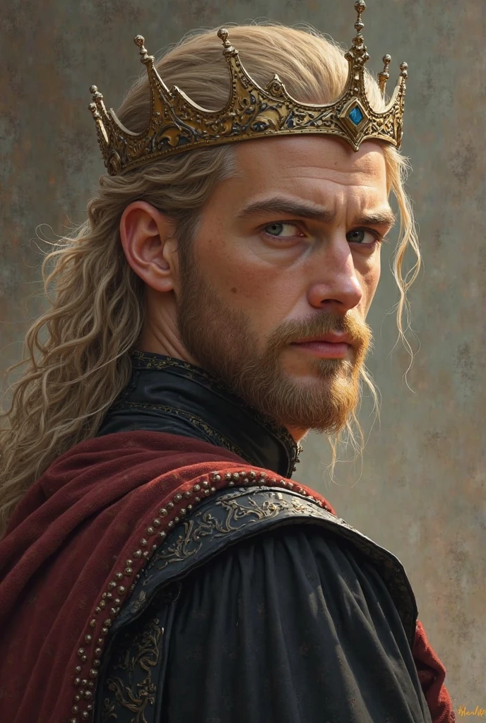 Can you create a realistic painting of King Aidan? I will leave the description of him: his skin is white, in a slightly yellowish tone. Your hair is dark blonde also, liso, about shoulder length, and he always leaves it half stuck (tipo, he pulls his hair back and attaches half of it, sabe? It is half loose and half stuck - a detail that no AI remembers). His eyes are a little small, hard and cold, greyish blue, like a sky on a rainy day. His face is more elongated and his chin is thinner square. His cheeks are thin. He has a strong expression, well-marked traits. You can imagine that he's broken before, probably in battle. He is older than Venice, but he doesn't seem like much. He seems to have ~24/25 anos. He DOESN'T have a beard. is tall, mais de 1.90m tall.
2. Your expression conveys severity. He's not arrogant, but he's very intelligent, calculating and powerful. He's a good man, but very logical and introverted.  but , also looks imposing and transmits an aura of respect. 
3. I imagine he's always dressed in dark clothes, maybe black with gold and red embroidery, which are the colors of your dragon. Very high quality clothes for a king, to convey his power. I imagine an outfit with a bit of Shoulder pad, sabe? Let his shoulder, What is wide, it is slightly sharper. And he always carries a heavy sword around his waist. 
His crown is difficult, Pay attention to : imagine that I take a tiara and, instead of fitting it behind the ears and pulling it over the head, I only fit it horizontally around his head. Like the crowns of the Kings and Queens of Narnia, in the movie “The Chronicles of Narnia 1”, that appears at the end of the movie. Dessa forma, his crown fits his head until the middle Of the forehead. She's thin and gold, with 3 details: at the height of the eyebrows , come up, like horns. at chin height, she fits the On the contrary, like a V that points to the nose.
4. It can make the scene be the throne room or any corridor in the castle. Do it on a sunny day.
5. About details, I wanted you to pay attention to the crown that I tried to describe, in the features of your face and in your eyes. Num geral, He is a handsome man, but not that obvious beauty. He's kind of intimidating.