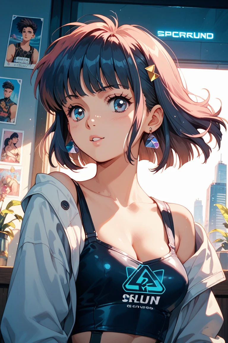 masterpiece, best quality, highly detailed, 1girl, solo, perfect ???????, slim, red eyes, blue hair, bangs, purple hair, hair between eyes, multicolored hair, gradient hair, pink lips, thick thighs , edgCT, blouse, wearing edgCT, chic top, light smile, detailed background, outdoor, standing, ????, sunglasses, skirt, earrings, necklace, bracelet,