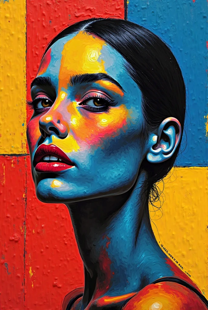 A traditional abstract female portrait using bold primary colors – red, blue, yellow – and crisp geometric shapes. With thick textured brushstrokes and an expressive facial structure, this piece draws inspiration from modern cubist art.