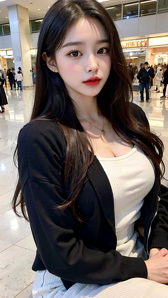 (actual, high resolution:1.2), 1 girl, The face shape and eyes are super delicate, long hair, Black tight vest with black jacket, short jeans, sitting on coffee chair, in a cafe, coffee on the table, big breasts