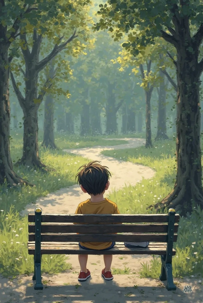 A bored boy sitting on a park bench