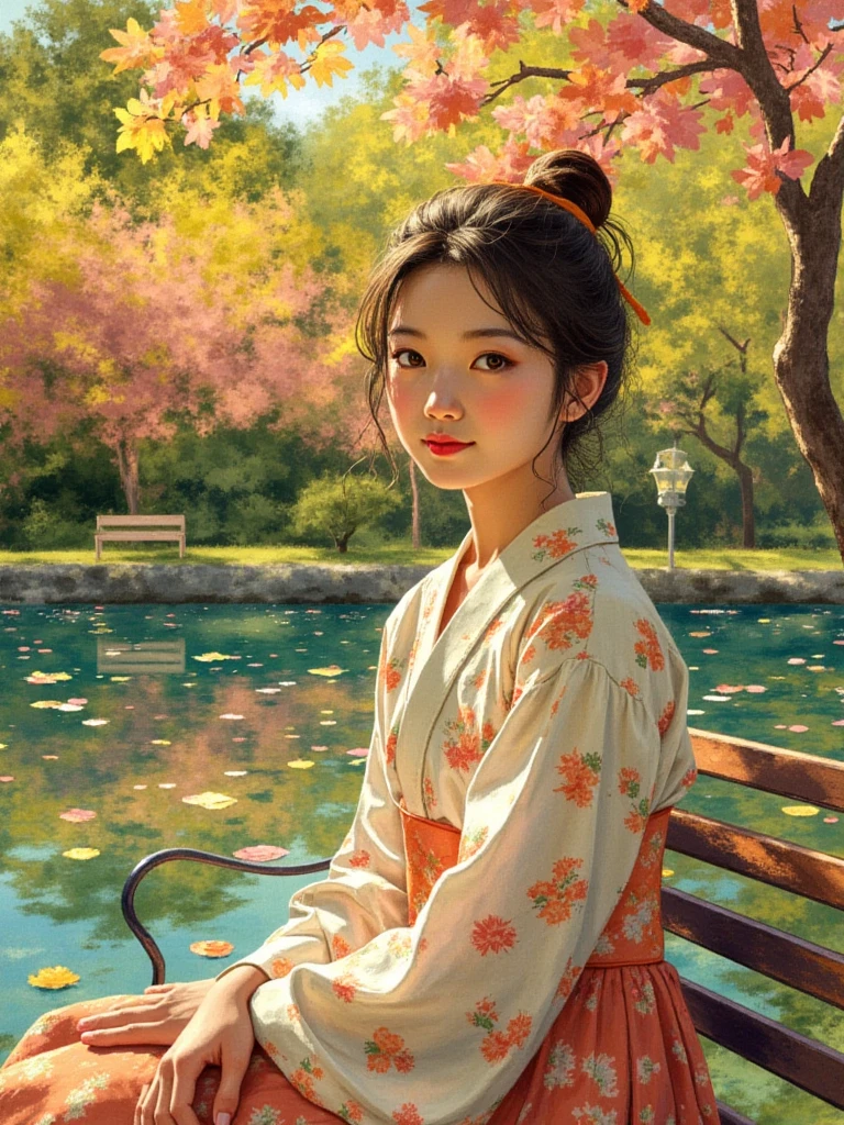 Impressionistic Watercolors painting, worms eye view, A full figure portrait of a young japanese woman sit on bench garden lake in warm sunser,  The background is a painterly mix of variant warm colors, giving the image a rich, oil painting texture. Cinematic lighting, deep contra shadows, and dramatic color contrast emphasize the depth and emotion in her gaze., Heavy chiaroscuro. Golden light reflecting,  Vibrant colour palette with earthy tones. Thick brushstrokes. Masterpiece. High detail. Realistic. Atmospheric, Impressionism, Depth Of Field, glaring eyes, sweet smile, worms eye view from base ground, 