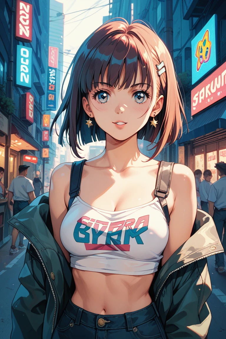 midnight nebulae starry_sky spacious moonset, A ultradetailed beautiful panting of a stylish girl wearing crop top in a convenience store, Oil painting, by Ilya Kuvshinov, Greg Rutkowski and Makoto Shinkai, heavenly beauty, barely clothed, ultra_high-details, ultra_high-quality, ultra_high-definition, ultra_high-resolution, UnrealEngine5 ultra Cinematic_sunLight, Epic tmasterpiece, dynamic composition, ultra-professional photorealistic, ultra-detailed, large breasts, BREAK holding a coffee cup, BREAK (car outdoors:1.2 deep path equirectangular) , glass, "Heavy Metal" chrome, extremely detailed, reflection, reveal transparent, varies multi etc. --v 6 --s 1000 --c 20 --q 5 --chaos 10