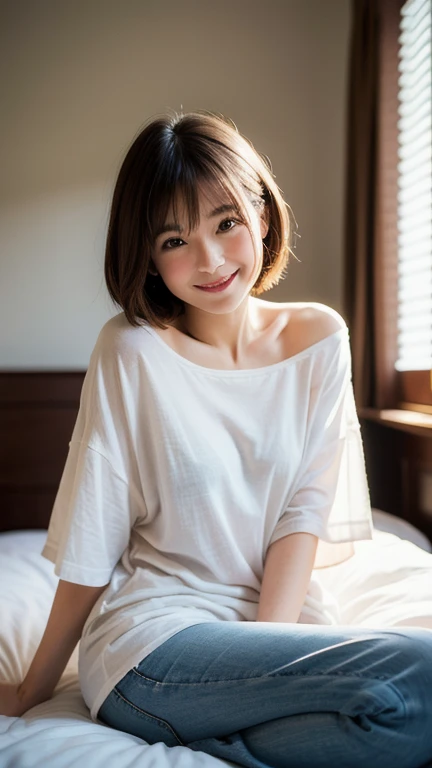Japan women, A smile、open blouse、middlebreasts、Young Face, Brown hair、long, morning, On the bed in the bedroom, Incomplete details, Shot with Leica, analogue, 35 mm:: (Artistic light leakage:1.4), Lens Flare:4 - Style Raw - AR 2:3 --s 150 --c 4