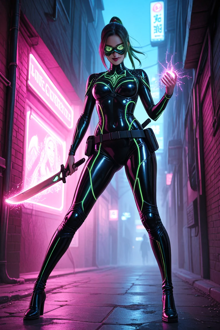 A stunning female futuristic ninja, adorned in sleek and tight-fitting clothing that accentuates her athletic physique. She stands confidently in a neon-lit alley, a backdrop of towering holographic skyscrapers reflecting on the metallic sheen of her outfit. Her attire is a harmonious blend of traditional ninja garb and futuristic tech-wear, featuring a form-fitting black bodysuit with strategically placed panels of shimmering emerald armor that highlight her curves. The suit is complemented by a pair of high-heeled boots that blend seamlessly with her legs, ending in sharp, retractable blades. Her hair, a cascade of raven locks with vibrant blue streaks, is tied back in a sleek ponytail, allowing unobstructed views of her intense, piercing eyes. A utility belt encircles her waist, holding an assortment of futuristic gadgets and weapons, hinting at her preparedness for any situation. Her face is partially obscured by a high-tech mask, revealing only her full, crimson lips and the tip of a seductive smile. She holds a glowing, serrated blade in one hand and a holographic throwing star in the other, poised for action. The scene exudes an aura of mystery and sexuality, with a dash of danger, as the ninja's voluptuous figure is cast in the stark contrast of the alley's shadows and the city's vibrant light, creating an irresistible blend of old-world stealth and new-world allure.