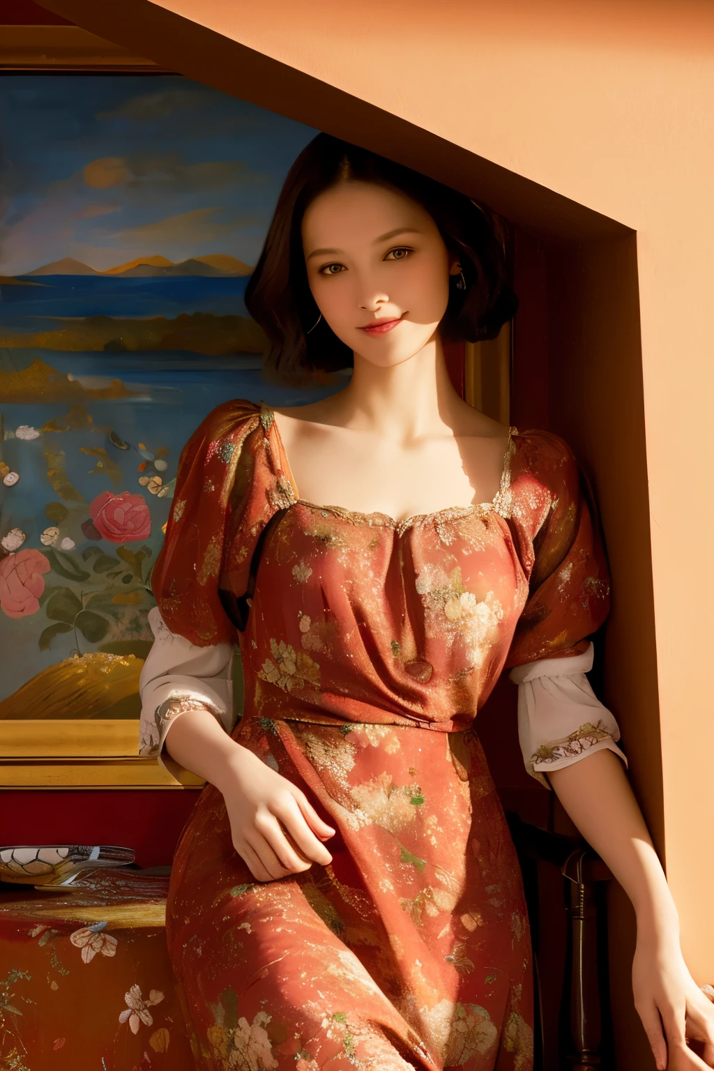 Beautiful realistic woman, detailed face, crystal clear amber eyes, red lipstick, brown hair, loosely flowing, red dried flower in her hair, delicate earrings and necklace, tai dai printed fabric dress 
 bright, depleted and falling into the arms, sensation of movement, dark chiaro lighting, old material house background, flowers in the window and blurred garden, alcohol paint, a masterpiece.