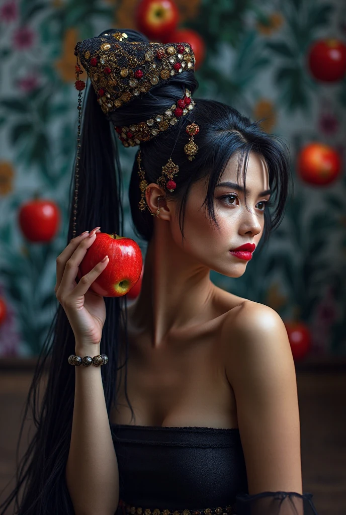 ((RAW photo),  absurd, (absurd resolution)), masterpiece, better quality, (Extremely detailed 8k unity CG wallpaper), (best illustration), (best shade), Realistic lighting, detailed and beautiful shine, (( 21 years old)), chica, long black hair, black queen, accessories, apple in hand, poisoned apples, witch queen, red lipstick, (((Photographic perspective of her)))