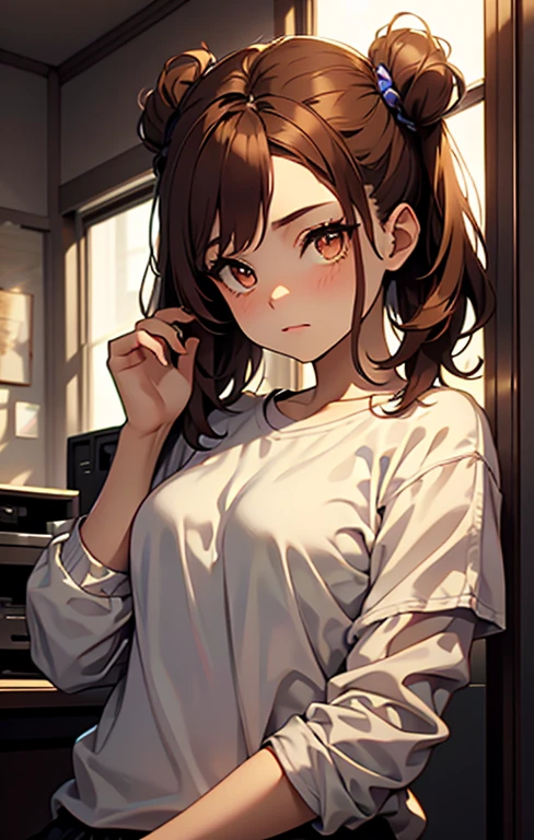one girl,brown hair, orange eyes, red bow on hair, tight shirt