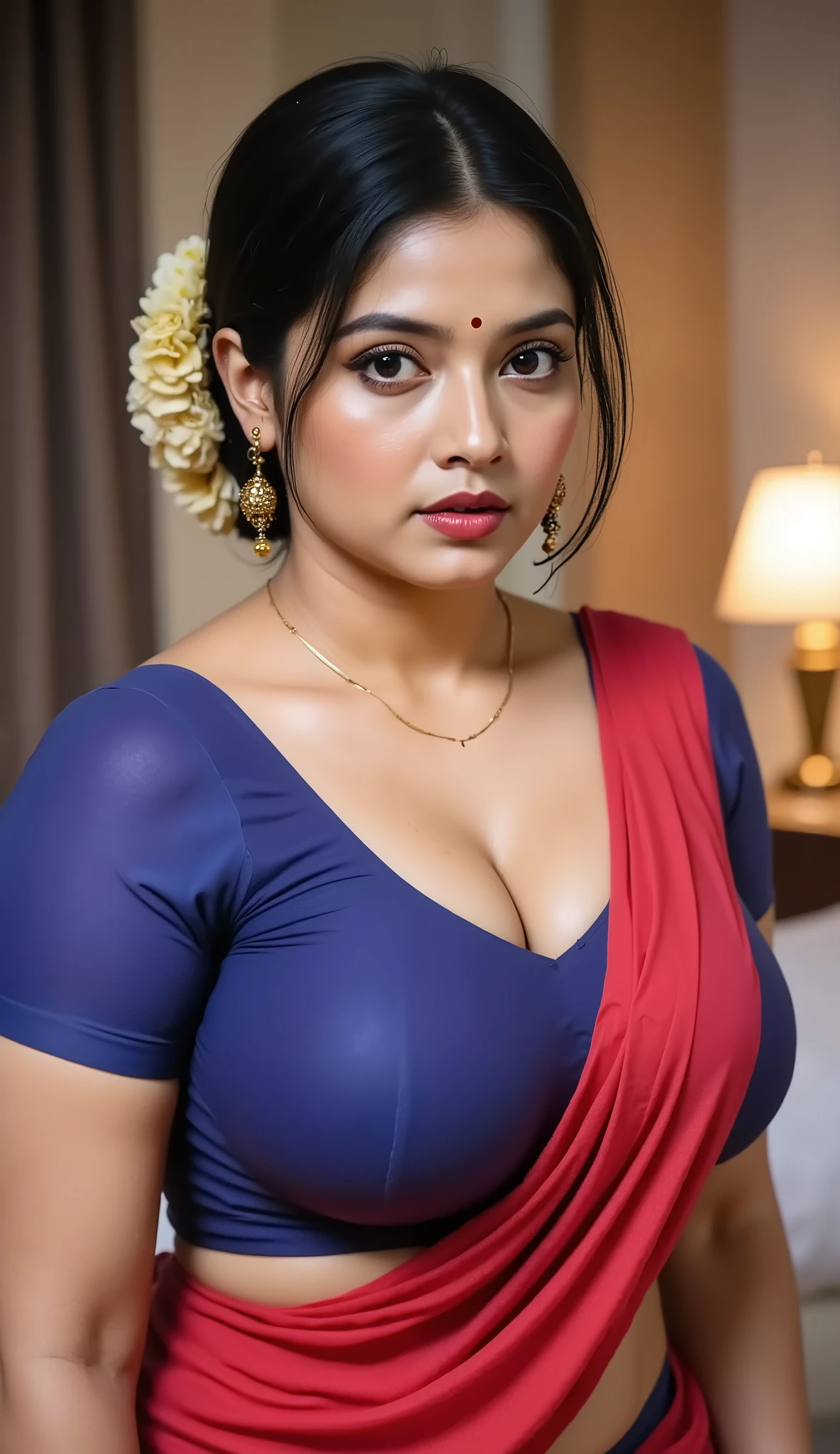 Pov camera view, Indian milf on her knees, looking at camera, with lust in her eyes, black hair tied around, flowers in head,sandal mark on forehead, sindhur on forehead (vermilion mark on forehead in the middle of hair partition,((((red saree COVER HER BODY))) , dark red lipstick, black eyeliners, eyelashes,golden noserings, ((huge breasts size: 2.0)), Half breasts out of the blouse, sexy cleavage, blue colour blouse, thick arms, inside bedroom, 8k , intricate details,full font vew