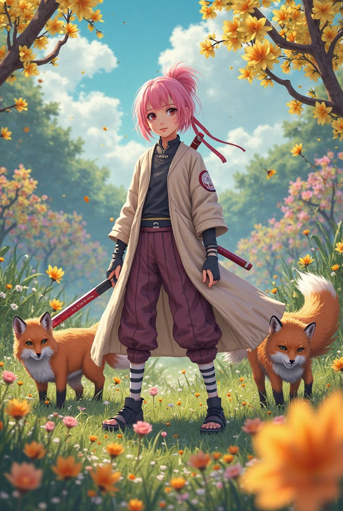 Sakura Haruno manga style image, with Naruto in a hyperrealistic setting, yellow and pink flowers, with realistic orange foxes, carrying a legendary sabre

