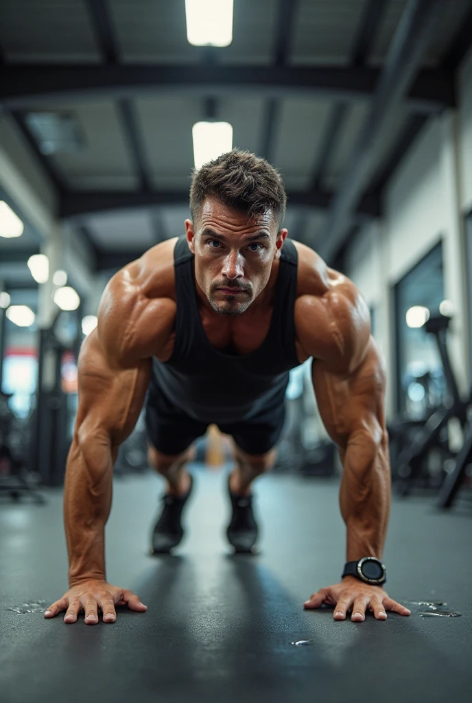 generate a master photograph describing a shapely Man, a fitness model performing a challenging core workout in a modern gym, (8K, best quality), smile, brown hair, black hair, (hard chest, six pack, v cut), He is in a plank position, showing off his defined abs and strong arms. The gym background is sleek and clean, with natural lighting enhancing his physique, (He has sexy buttocks, Most sexy booty, Most sexy glutes), Manly, Mancore, (He has fit hips, sexy hips, sexy fit hips, extremely sexy hips), (asian skin, glistening skin, beautiful complexion), shot on Fujifilm superia, (Studio soft light, high detail, cinematic lighting, rim lighting), Style: (hyperrealistic, by DynastySeries FashionNova, photo, {{{masterpiece photography}}}, analog photograph, professional fashion photoshoot, trending on artstation, synthwave, krrrsty), Quality: (photographed, masterpiece, highest resolution), Definition: (highres, sharp focus, 8k uhd, ultra photo-realistic resolution), Film: (80 mm, shot on portra 120, shot on Fujifilm), Resolution: (extremely detailed, (sharp focus:1.5), cinematic lighting, dramatic lighting, ultra photo-realistic), luxury: