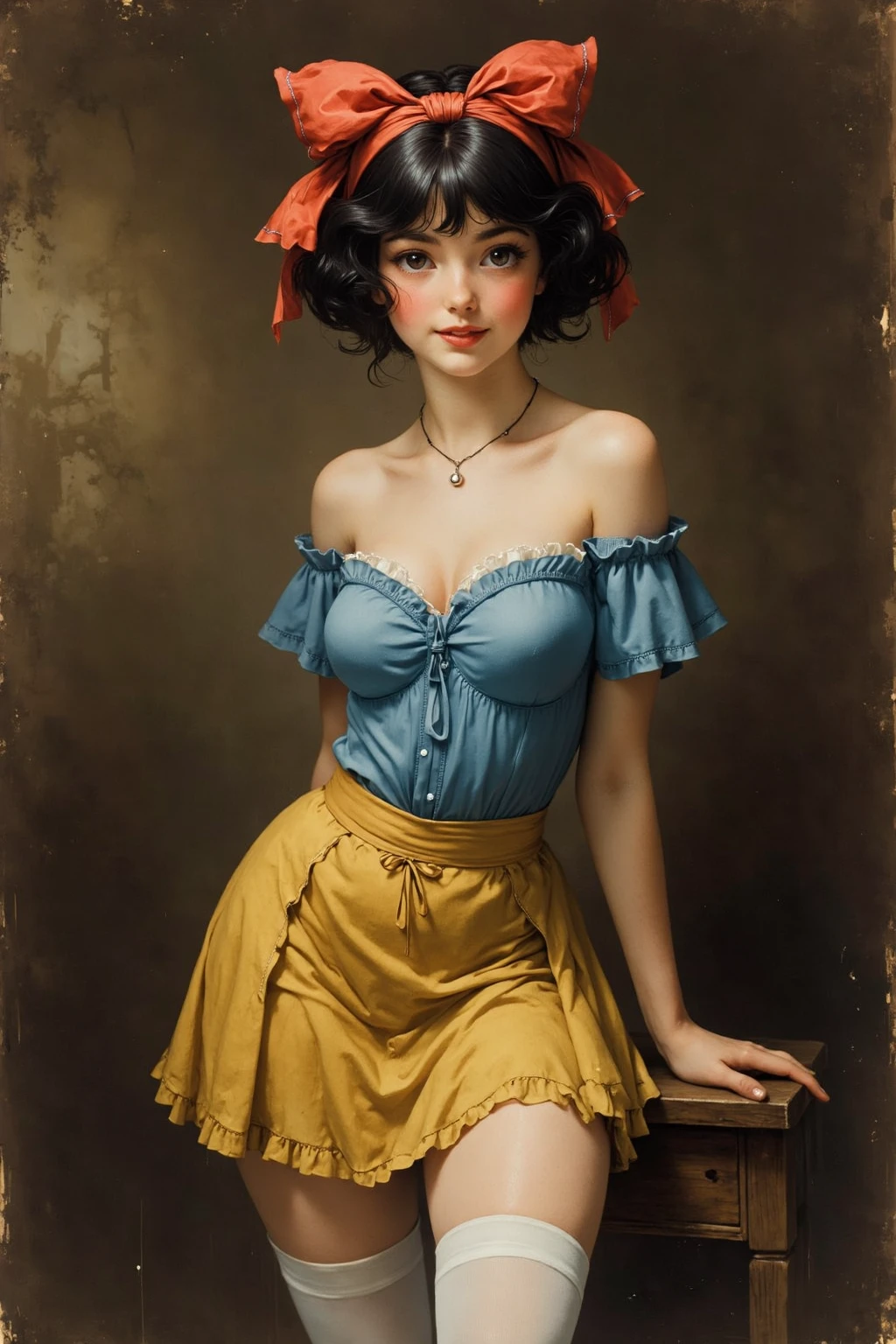 antqgldnCE style, NSFW, A full-body publicity photograph of a young prostitute, Snow White, 
This photo was taken in a high-class brothel,
19th century photograph, antique photograph, sepia-toned photograph, natural smile, Her name, Her price, Photo date,19th century photograph, antique photograph, sepia-toned photograph, blue bodice and yellow flared miniskirt, white tights, headband with a large red ribbon, natural smile, name, price, date,