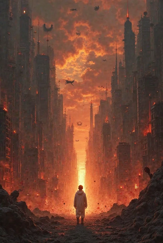 Create an image of a black and red city with buildings high in flame , robots, flying ships ,  sky with black smoke, And a small boy in the middle ,  With white clothes and a golden light coming out of it