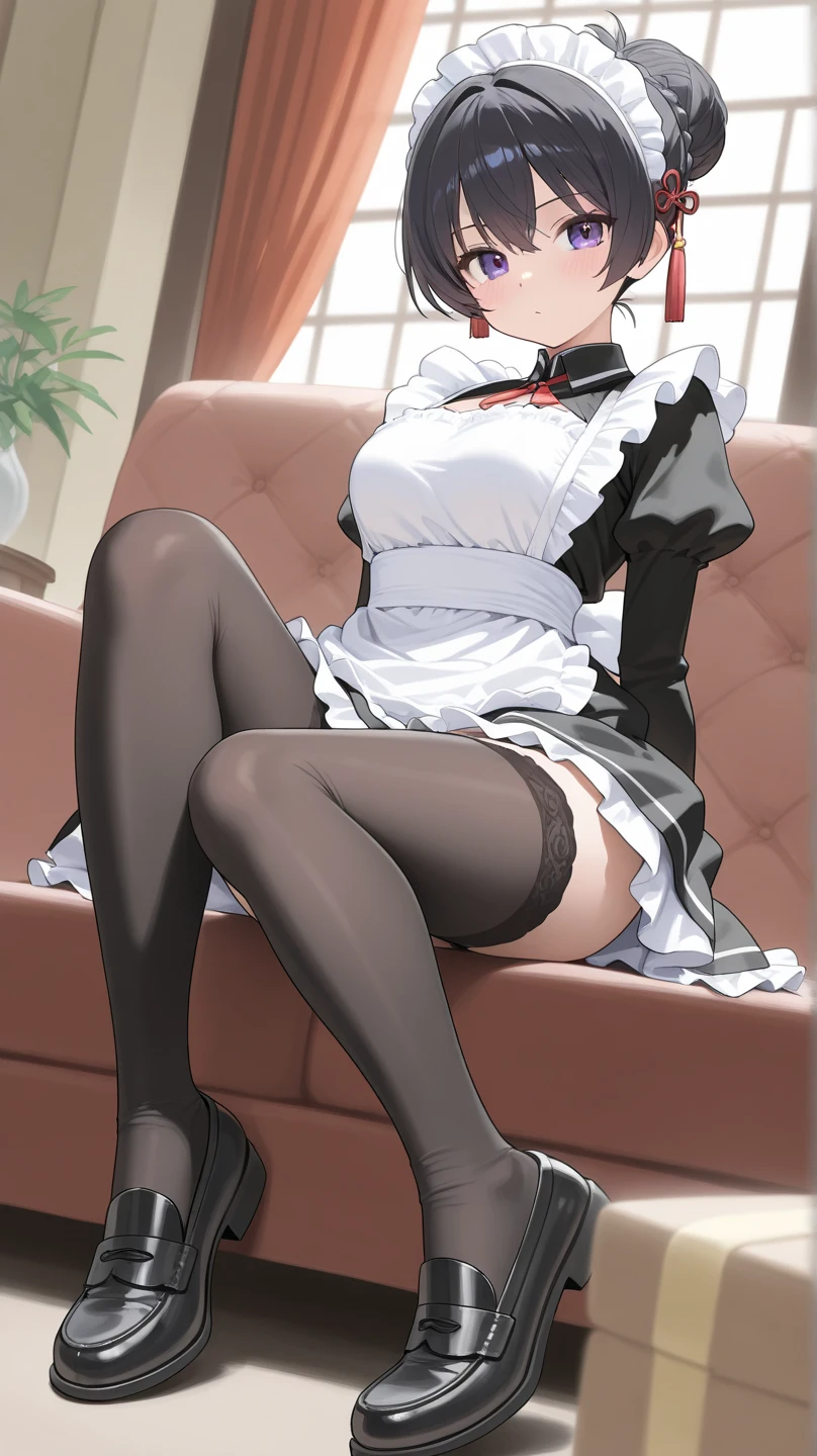 ((best quality)), ((masterpiece)), (detailed), perfect face, sexy Japanese maid, rose in hair, large breasts, very thin waist, big ass, tight skimpy maid outfit, thigh high stockings, Tall Stiletto Heels, handcuffed, ankle chain, silver collar lock,