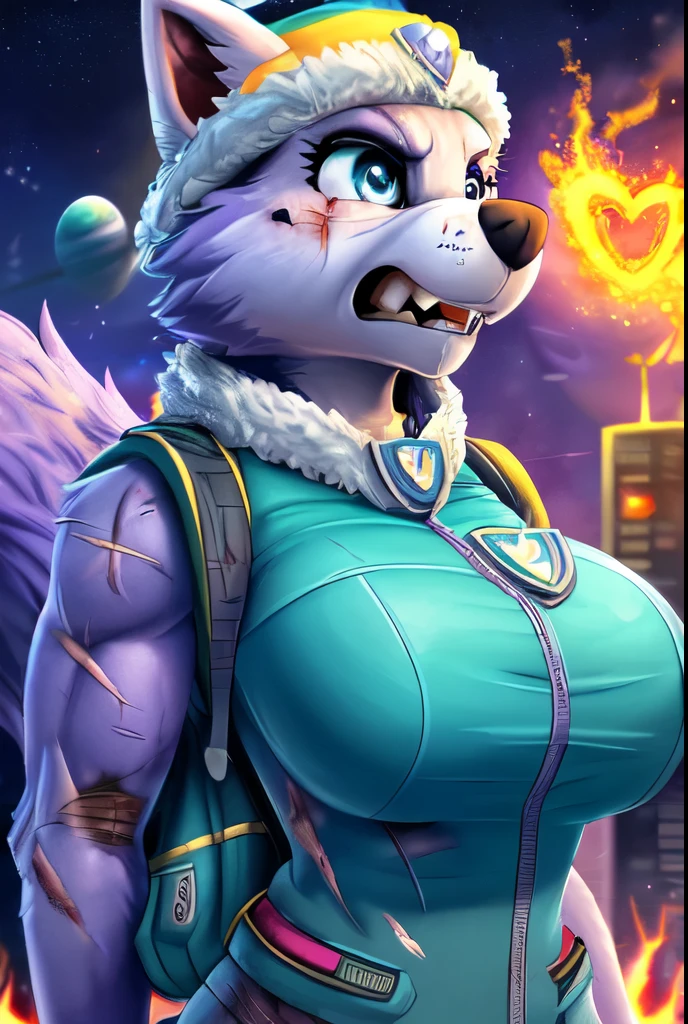 Everest, ((Paw Patrol)), ((female solo)), domestic dog, female, adult female, blue eyes, (lavender fur:1.65), ((lavender body)), (wearing space outfit:1.25), (wearing Paw Patrol bagpack:1.45), ((wearing aqua winter hat)), ((sharp teeths)), ((large fangs)), blue eyes, (Shiny eyes:1.6), ((Pixar eyes)), perfect eyes, ((glowing eyes)), (hyper realistic:1.65), long fluffy tail, very large tail, tail up, very furry and fluffy, ((very large fangs)), perfect ligthing, (Cyberpunk city background:1.25), (fire at background:1.65), ((many hearts all over the screen)), (front side view:1.25), ((seductive break)), ((spread legs)), spread legs, (rajii:1.1) (dimwitdog:1.1), (thesecretcave:1.25), (cooliehigh:1.1), (miles-df:1.1), (complextree:1.1), (pixelsketcher:1.1), (foxovh:1.1), (zaush:1.1), (avante92:0.70), (meesh:1.1), (inu-sama:0.80), (cervina7:1.1), (F-R95:0.70), (R-mk:1.1), (xpray:1.1), (standing tall:1.65), (large fluffy tail:1.65), (close up to face:1.15), (angry expression:1.65), (nebula:1.45), (starry:1.45), (planet at sky:1.45), (hyper breasts:1.15), (wearing turquoise shirt:1.25), (anthropomorphic:1.45), (snarling:1.65), (wounded body:1.85), (scars all over her body:1.45), (some muscles:1.45), (strong female:1.35), (hyper breasts:1.25)