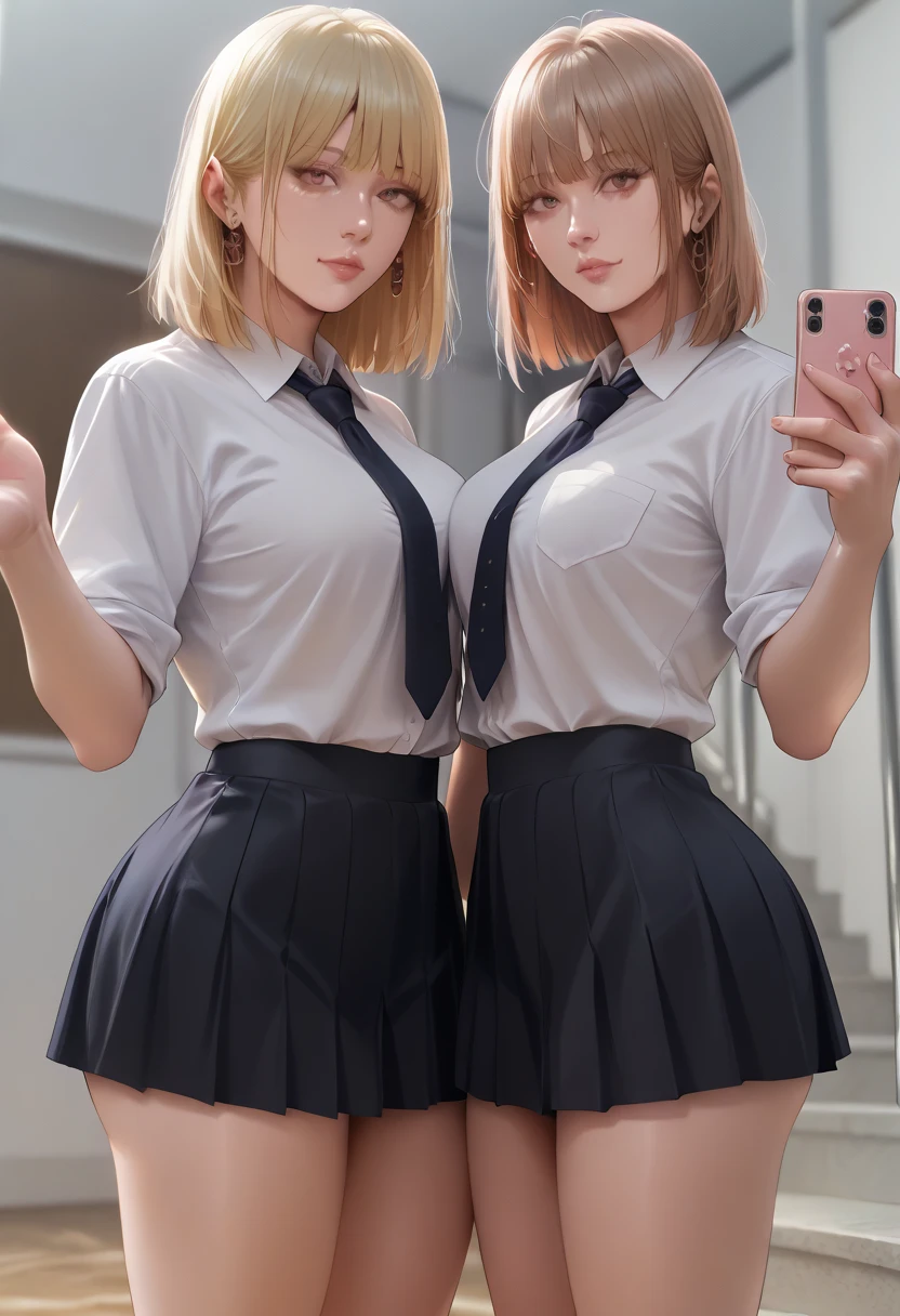 highest quality, 8K quality, masterpiece, professional lighting, (Two women are standing facing each other:1.2), (Super huge breasts compressed with clothes:1.3), Whitening skin, Sparkling blue eyes, (A tight pure white shirt that completely covers her huge breasts.:1.4), Crimson Ribbon Tie, Amazingly short super mini pleated tartan check skirt, (The upper body is hidden by the shirt and no skin is visible.:1.4), (Curly waist), above the knee, white panties, Skirtliftv1, (ass:1.2)
