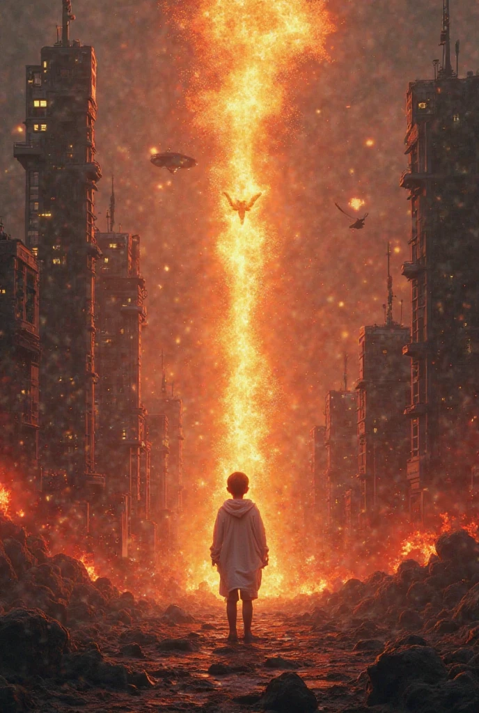Create an image of a black and red city with buildings high in flame , robots, flying ships ,  sky with black smoke, And a small boy in the middle ,  With white clothes and a golden 4K light coming out of it