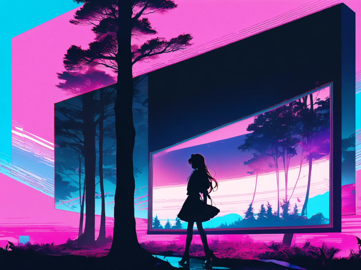 (Shoujo Kakumei Utena Style shadow picture:1.5),(sシルエット) ,(vaporwave:1.5),Cyber nostalgia explosion,Glitch Effects,pink gradation, (masterpiece, best quality:1.2, 8k,16k,high-resolution,(Mirror clock:1.3)（Dark Forest:1.3),Fantasy World、It suddenly happened one day, and the beginning was a letter, and the sender lived a long time ago, such a mysterious encounter

There are things like this in my time now, and we live like this, a romance that somehow blossomed while we were putting it into letters and communicating with each other

Words spelled from each of our worlds that we will never meet without even knowing how to solicit feelings

I'm always waiting impatiently for your words, I live in a different era, but I want to communicate with you over and over again if your wishes come true, I want to meet you because it's fine at first sight because I like you

What I suddenly remembered was the era you live in, what will happen tomorrow, if I have to tell you sad things, please wake up, miracle

Passing by and the changing seasons, letters that have been interrupted since then, only words that don't arrive anymore tighten my heart

I'm still walking in the future that you wanted to see 100 years far away, now I'm still walking, the letter that arrived to me with painful feelings in my heart looks familiar and the characters I've been waiting for

It's the last love letter you wrote to me beyond that day, I'll hold on to the proof that you lived in your time even after eight generations, and I'm going to tell you all that I see in my time someday