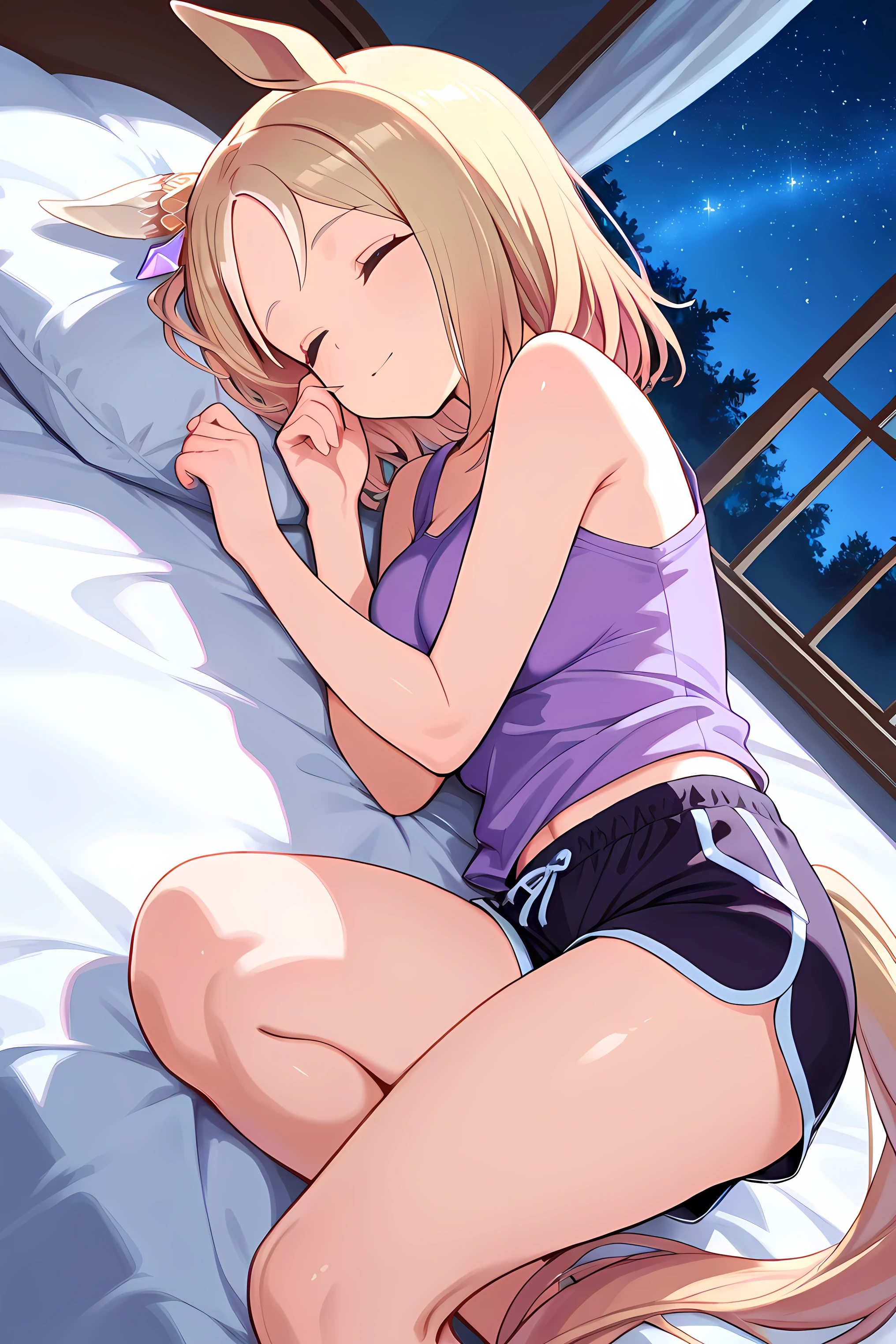 narita top road \(umamusume\),(((masterpiece))),(((detailed)))((best quality)),((hyper detailed)),(beautiful),((shinythighs)),(((shiny skin))),(high quality skin),((8k)),((high resolution)),lying,lying on bed,lie on one’s back,sleep , closed eyes,lying, hands up,((Get on one knee)),light smile and light blush,blue hour,night sky and starry sky,spring,night,bedroom,loaded interior,
purple color tank top,black color dolphin shorts,from below,high angle,close-up,cowboy shot,