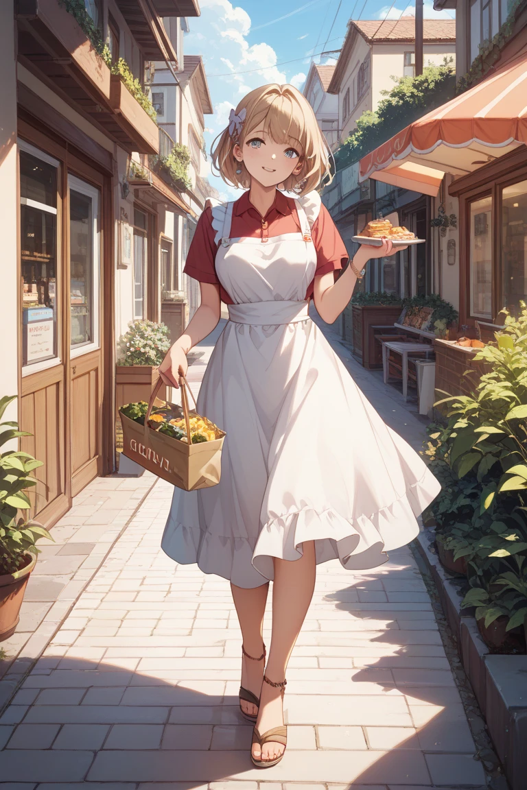  animated、housewife、Short sleeve、White apron、shopping street in the evening、barefoot、sandals、、