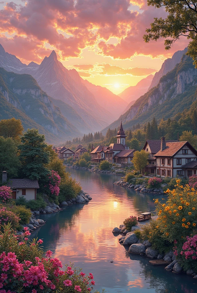 a small village by the river, mountains in the background, floral flowers colorful, detailed landscape, Beautiful natural landscapes, atmospheric lighting, scorching sunset, warm colours, practical, photopractical, Detailed Foliage, complex buildings, cobblestone street, Charming country house, swirly vibrant colors, lush vegetation, Still water reflections, Picturesque, idyllic, work of art, best qualityer, 8k, extremely detaild,anime styling