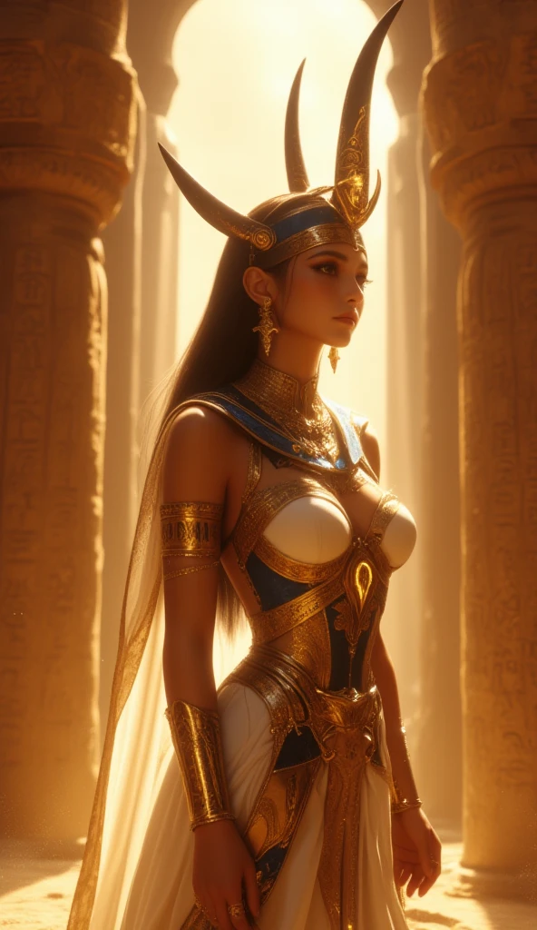 ((Highest quality、8K、masterpiece:1.3))、Photorealistic, Sharp focus, high resolution, High resolution, Portraiture, One person, woman, beautiful woman, sexy、Egyptian Goddess Walking in Ancient Egypt、Cyber Battlesuit、Complex technology, pyramid、Ancient Egyptian cities、Light and shadow、Laser light、Copper-colored hair