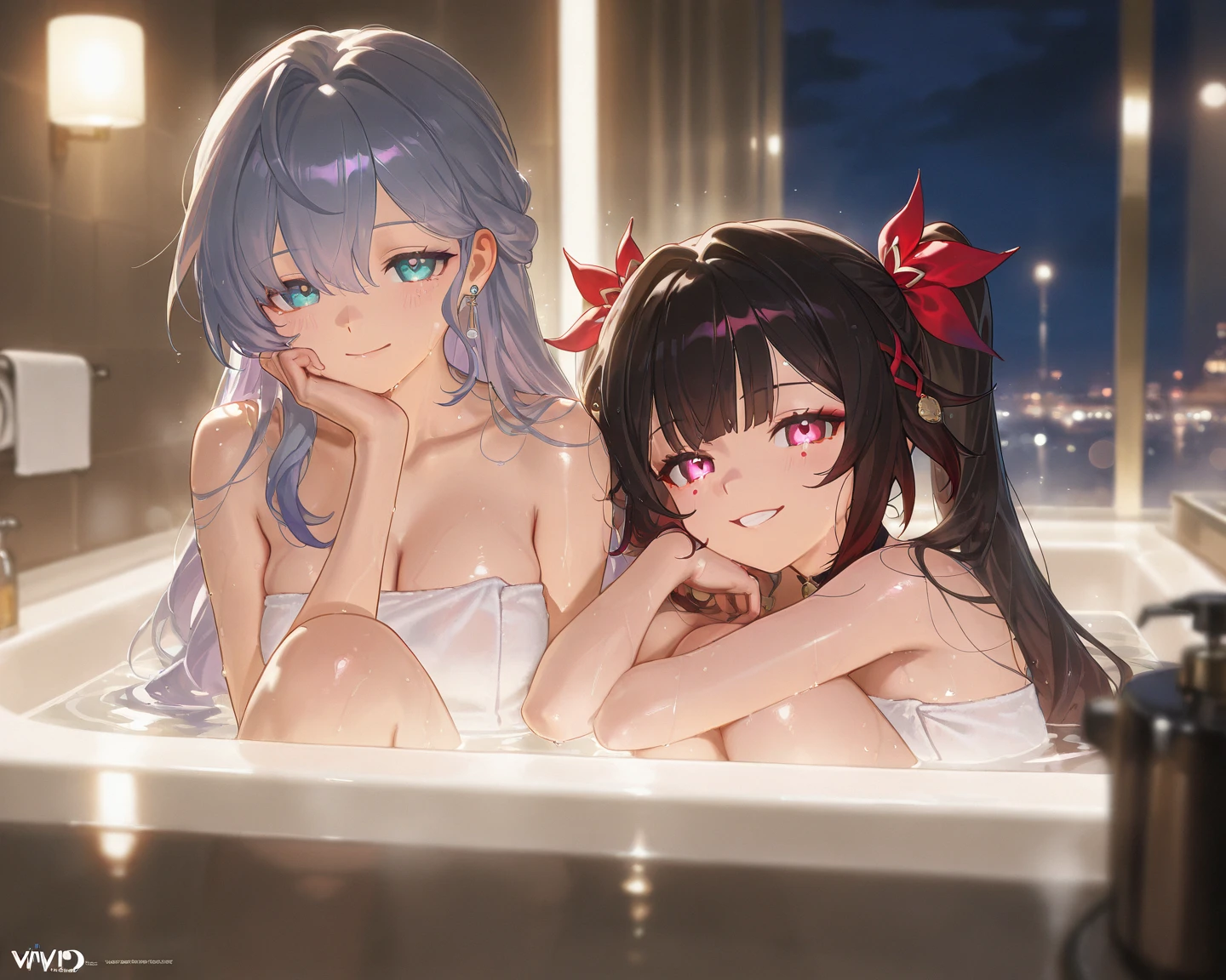 (highest quality, super detailed, very detailed and beautiful, ultra high resolution, arm details: 1.2), A glittering love hotel,Lying in bed,Japanese woman with her arm around another woman, seductive woman, (japanese woman: 2 people, 20-year-old)), brown hair, Very short hair, short hair, medium hair, long hair, wavy hair, curly hair, bob cut twin tails, low twintails, Beautiful attractive woman in white underwear posing, Lying Japanese woman with bob cut, wicked smile, Japanese woman blushing and looking away, random pose,japanese woman2 people,Real young gravure idol, Young and beautiful gravure idol, 8K)), Young sensual gravure idol, Wet, shiny skin!!, shiny silver, ((beautiful skin)),((skin texture)),((Real Touch)), healthy,ruddy skin, beautiful clavicle, ((Embellished Detail Bra,sensual)),(1 female:Cute freckles on the cheeks,Mole under the left eye),Flushed face,Feel the breath