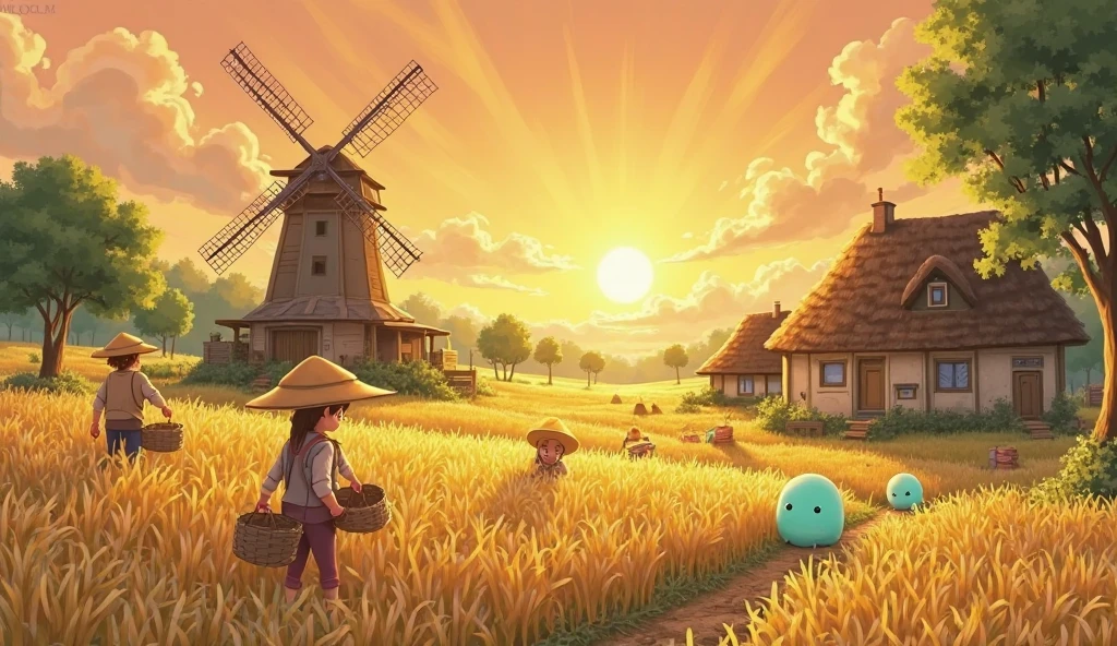 "Studio Ghibli-style isekai farm village, golden wheat fields under a sunset, farmers in straw hats harvesting crops, cute slime creatures (glowing blue and green) helping carry baskets, rustic wooden windmill turning slowly, cozy cottages with thatched roofs, *That Time I Got Reincarnated as a Slime* charm, warm yellows and greens, Studio Ghibli watercolor textures, 8k detailed --ar 16:9 --style ANIME_PASTEL_DREAM"  