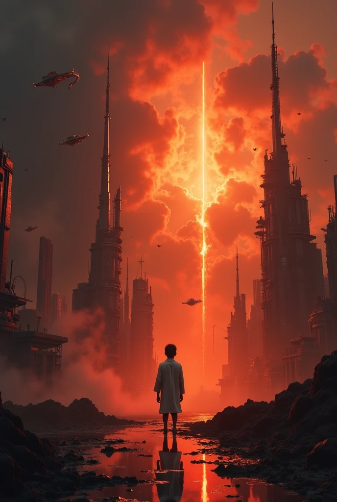 Create an image of a black and red city with buildings high in flame , robots, flying ships ,  sky with black smoke, And a small boy in the middle ,  With white clothes and a golden light coming out of it , ultra-real,  4k