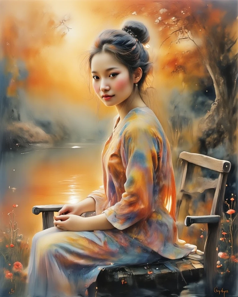 Impressionistic Watercolors painting, A close-up portrait of a young chinese woman sit on bench garden lake in golden red warms sunser,  wear white gown, The background is a painterly mix of variant warm colors, giving the image a rich, oil painting texture. Cinematic lighting, deep contra shadows, and dramatic color contrast emphasize the depth and emotion in her gaze., Heavy chiaroscuro. Golden light reflecting,  Vibrant colour palette with earthy tones. Thick brushstrokes. Masterpiece. High detail. Realistic. Atmospheric, Impressionism, Depth Of Field, glaring eyes, sweet smile,
