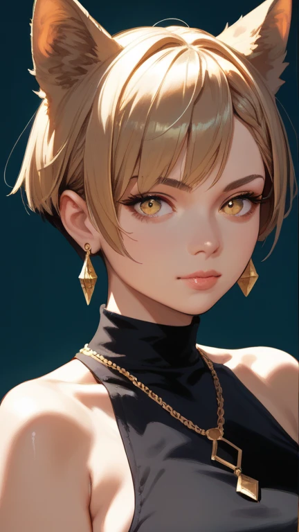 1 girl, solo, smiles, shortcut,  Gold, accessories, earrings, wolf ears, Yellow