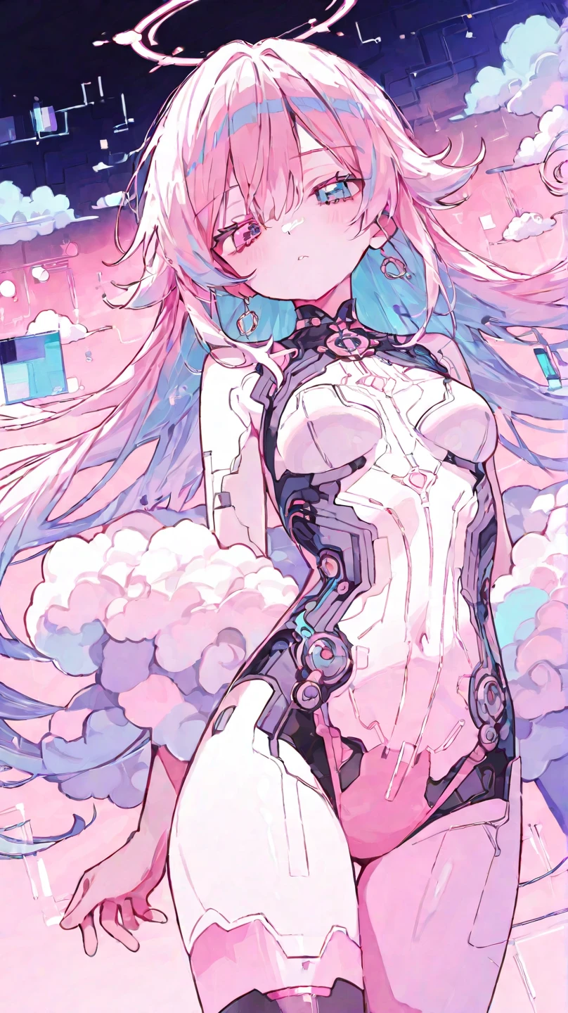 zero two \(darling in franxx\), darling in franxx, 1girl, bangs, bite, from behind, shadow, green eyes, hair behind head, horns, long hair, looking at viewer, big ass, makeup, small breasts, pilot suit, white suit, pink hair, red eyeshadow, science fiction, tight skin, solo