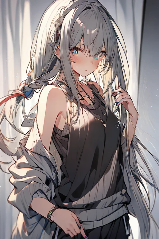 High resolution、Girl、Silver Hair、Long Hair,(),Lion ears、Grey Eyes、Slender、Toned body、Naked T-shirt,Lantern,Mansion,Put out your right shoulder,