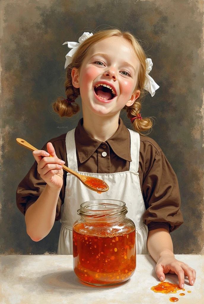 Soviet girl in a dark brown dress, white apron with straps, White-collar workers,pigtails white bows, on the table is a large 3-liter glass jam jar, in her hands a large wooden spoon with jam, mouth wide open, raised her spoon up, wants to eat,  watercolor style, Romero Redondo, Konstantin Razumov