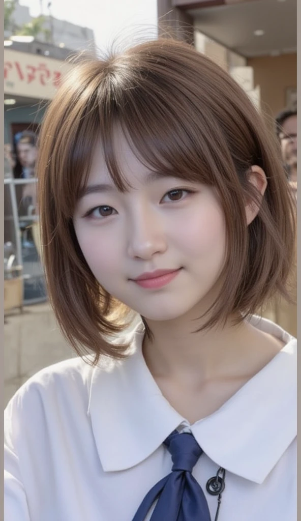 night, Raw photo, (((Very beautiful portrait))), (Very beautiful portrait))), 1 girl, sexy 25 year old girl, ((short cut natural brown hair)), [brown eyes],A gentle smile looking at the camera(cleavage), ((masterpiece, 最high quality, Super detailed, movie light, intricate details, High resolution, 8k, very detailed)), detailed background, 8k UHD, Digital single-lens reflex camera, soft lighting, high quality, film grain, Fujifilm XT3, shallow depth of field, Natural light, perfect face、big breasts:2.0