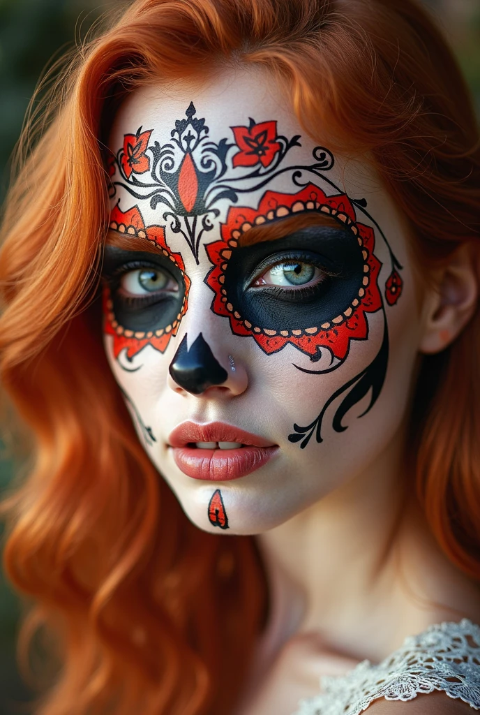 beautiful detailed eyes, beautiful detailed lips, extremely detailed eyes and face, ruby red irises, thick eyebrows, ((full length portrait)), girl with multi-color day of the dead makeup, nude figure, dramatic lighting, dramatic pose, intricate headdress, vibrant colors, cinematic composition, digital painting, hyper detailed, artstation, award winning, nude masterpiece, (wide angle:1.4), (wearing nothing but high heels:1.4), contrapposto stance, mid-stride strutting, whole body tattooed, body jewellery, accurate nipples, defined areola, rosy pink areola 