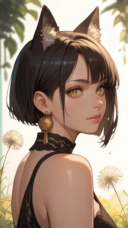 1 girl, solo, smiles, shortcut,  Gold, accessories, earrings, wolf ears, Yellow,Dandelion