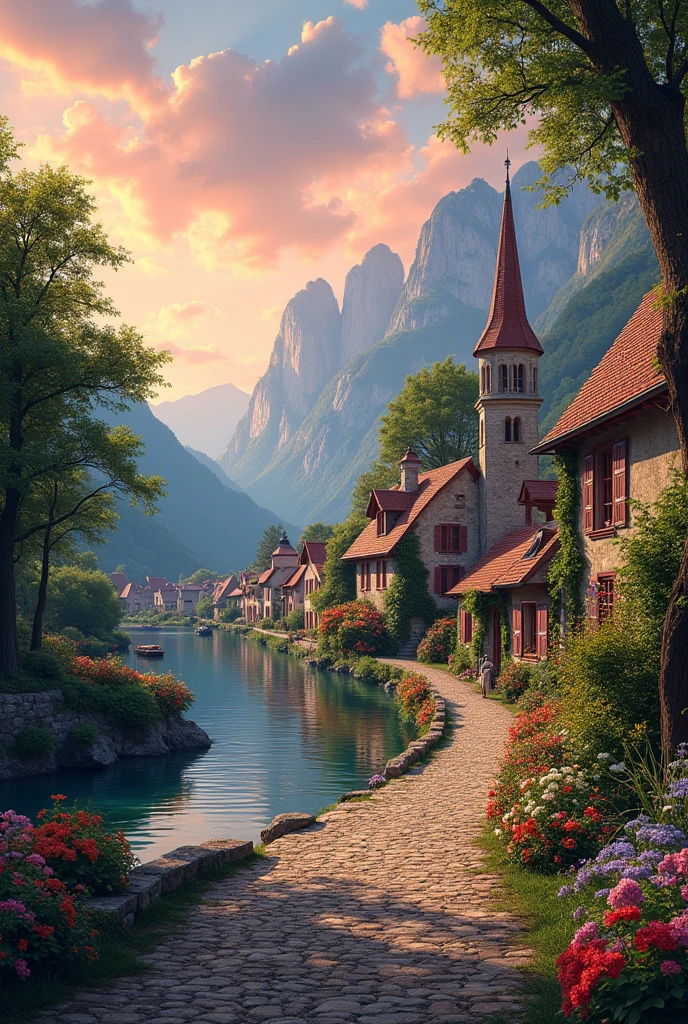 A small village by the river, mountains in the background, colorful flowers, detailed landscape, beautiful natural scenery, atmospheric lighting,  scorching sunset ,  warm colors, practical, photographic, detailed foliage, complex buildings , cobblestone street, charming country house, vibrant colors, lush vegetation, reflections in the water, pitoresco, idyllic, work of art, Best Quality, 8k, extremely detailed, anime style