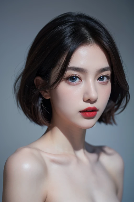 Best quality at best, tmasterpiece, 超高分辨率, (realisticlying:1.4), RAW photogr,1个Giant Breast Girl, Alone, actual, cparted lips, brunette color hair, looking at viewert, 黑The eye, teeth, long whitr hair, hair covering one eye, Open your lips, nase, closeup cleavage, Brown hair, simple backgound, Brown eyes, Black dress, cropped shoulders